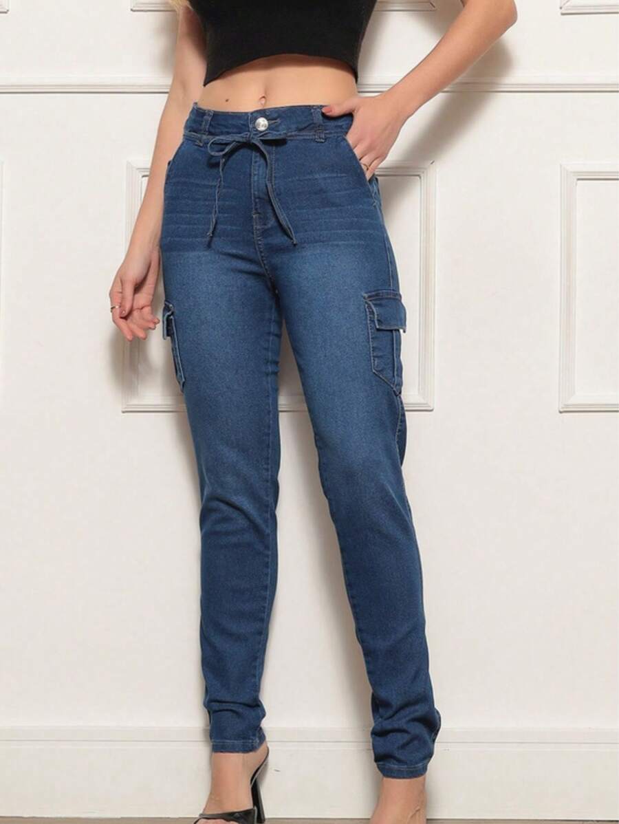 Women's Cargo Jeans - Rửa tối - Xem 1