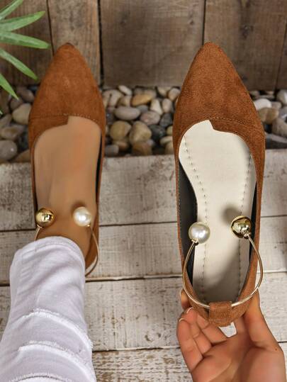 2025 Autumn New Strap Buckle Flats, Hollow-Out Pointed Toe Faux Pearl Metallic Strap Casual Shoes