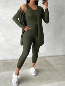 3PCS Round Neck Tank Top & Pocket Design Pants & Open Front Coat Set