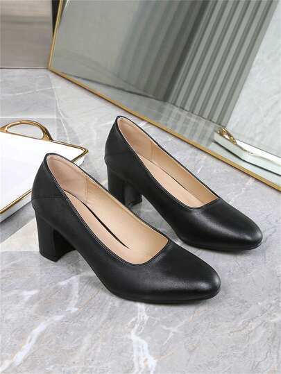 女士黑色皮革舒适软底空姐工作鞋，透气防滑办公室面试正装高跟鞋，粗/中跟女服务员鞋，百搭低帮鞋，2025 年春/秋新款