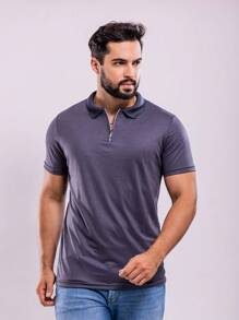 Men's Polo Shirt With Zipper, High Quality Cotton - 深灰色 - 查看 1