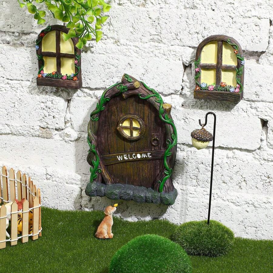 Resin Miniature Fairy Dwarfs Home Windows And Welcome Doors With Fairy Lanterns 4 Pieces Set, Fairy Doors And Windows For Trees, Glow-In-The Dark Courtyard Art Sculptures To Decorate Children's Rooms, Walls And Trees Outdoor Decorative Accessories Fairy Welcome Door And Window With Fairy Lantern 4 Pieces Set, Resin Fairy Door And Window Pendant Set, With Glow-In-The-Dark Windows, Tree Miniature Sculpture, Outdoor Decorative Accessories, Suitable For Garden Art Deco Lawn Tree Home Wall Hanging - Multicolor - View 1