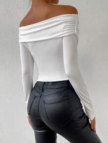 Women's Deep V-Neck Ruched Open Shoulder Long Sleeve Top, Autumn/Winter - White - View 2