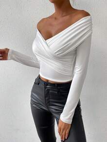 Women's Deep V-Neck Ruched Open Shoulder Long Sleeve Top, Autumn/Winter - White - View 5