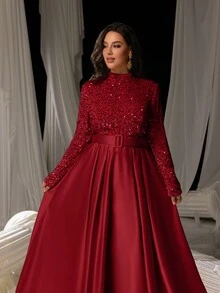 Faeriesty 曲线加大码优雅晚礼服：高领、长袖闪亮装饰、迷人的 A 字型剪裁，配有腰带 - 非常适合正式庆典、婚礼、晚宴、公司活动、正式派对