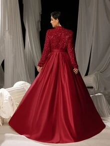 Faeriesty 曲线加大码优雅晚礼服：高领、长袖闪亮装饰、迷人的 A 字型剪裁，配有腰带 - 非常适合正式庆典、婚礼、晚宴、公司活动、正式派对