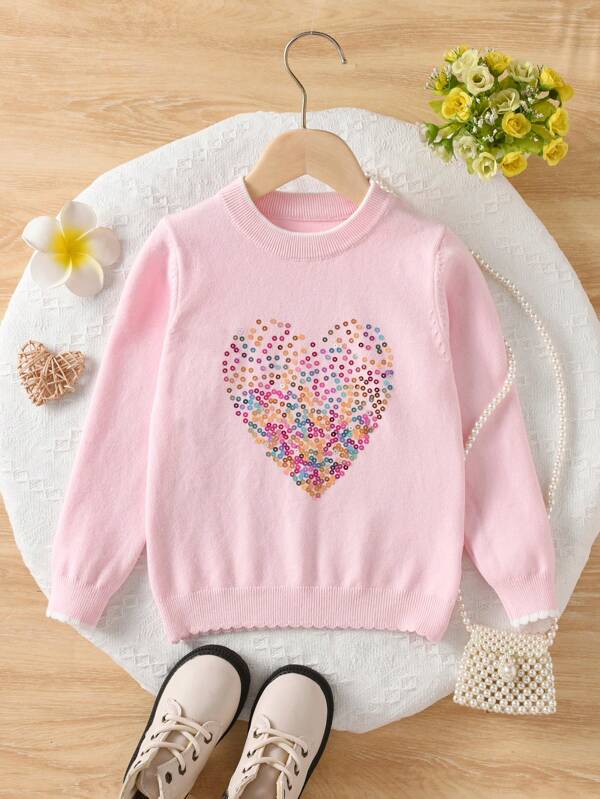 Girls/Young Girl' Elegant Sequin Heart Pattern Crewneck Sweater For Casual, Spring/Autumn/Winter