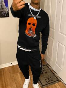 2pcs Casual Print Sweatshirt & Pants Set For Men - Black - View 1