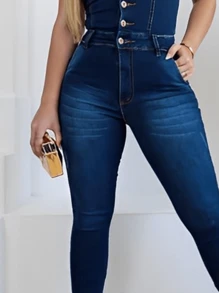 Women's Strapless Denim Jumpsuit With Elastane - Botones metálicos azul oscuro. - Ver 4