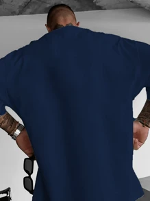 Men's Oversized T-Shirt With American-Style Print, Short Sleeve - 藏蓝色 - 查看 2