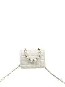 1pc Mini Girl's Gingham PU Flap Bag, Versatile Pearl Handbag For Daily Use - White - View 4