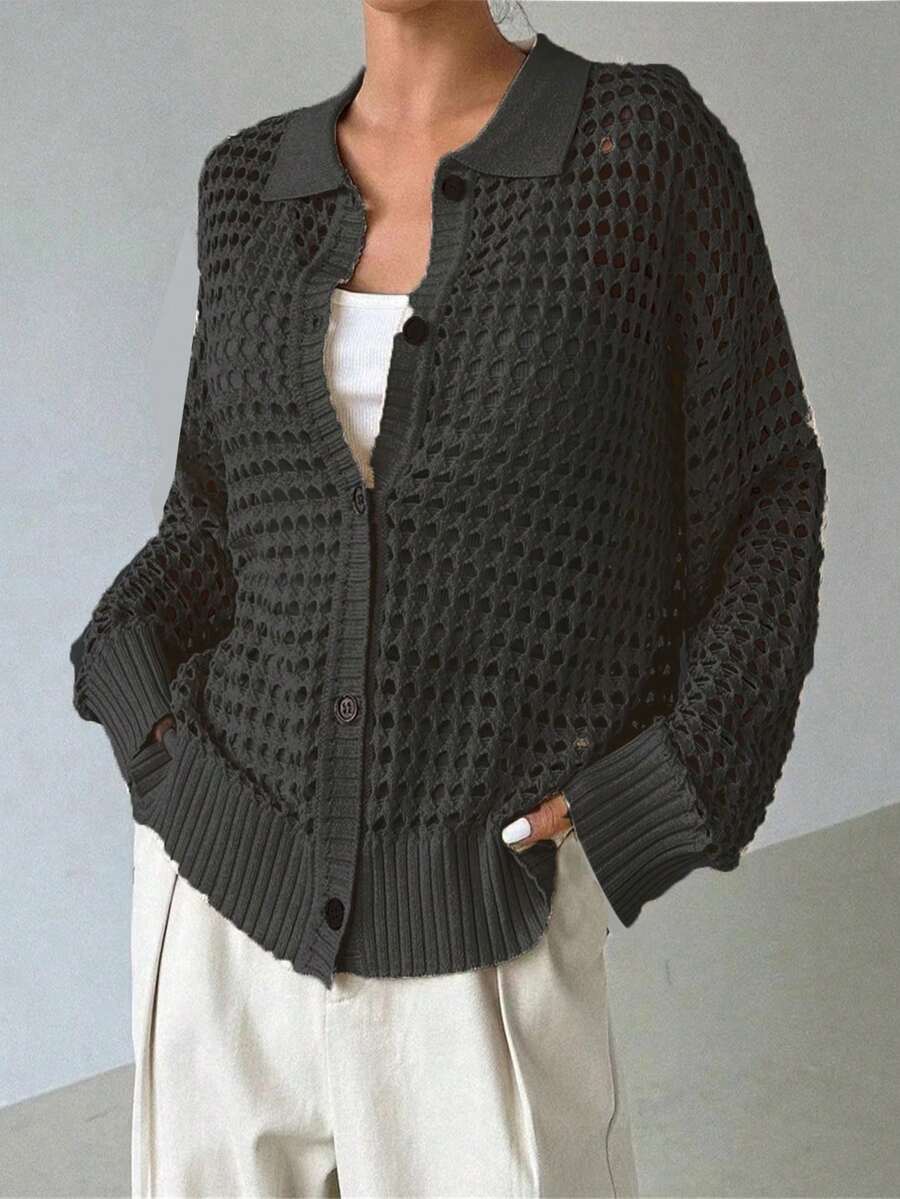 Cárdigan de punto con botones y calado en el cuello para mujer, color negro, para primavera - Negro - Ver 1