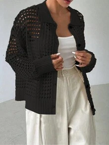 Cárdigan de punto con botones y calado en el cuello para mujer, color negro, para primavera - Negro - Ver 3