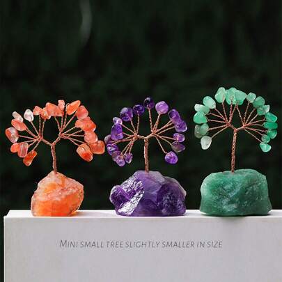 1 pieza Árbol de la suerte de piedra natural en bruto mini piedra curativa de cristal artesanal tejido decoración de escritorio del hogar regalo para mujeres Día del Padre 4 de julio