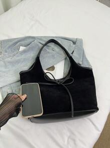 1 件仿麂皮拼布 PU 材质手提包，时尚通勤手提包适合日常使用、约会和送给女性的礼物