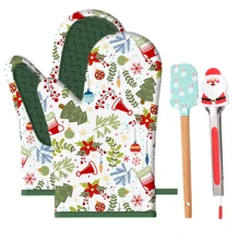 4 件装圣诞烘焙套装，节日硅胶烘焙工具套装包括 2 个硅胶贴片烤箱手套、1 个可爱的不粘硅胶刮刀和 1 个便携式圣诞老人小夹厨房钳，厨房糕点烹饪用具套装，用于烧烤、烘焙、烹饪、上菜、户外烧烤 - 彩色 - 查看 13