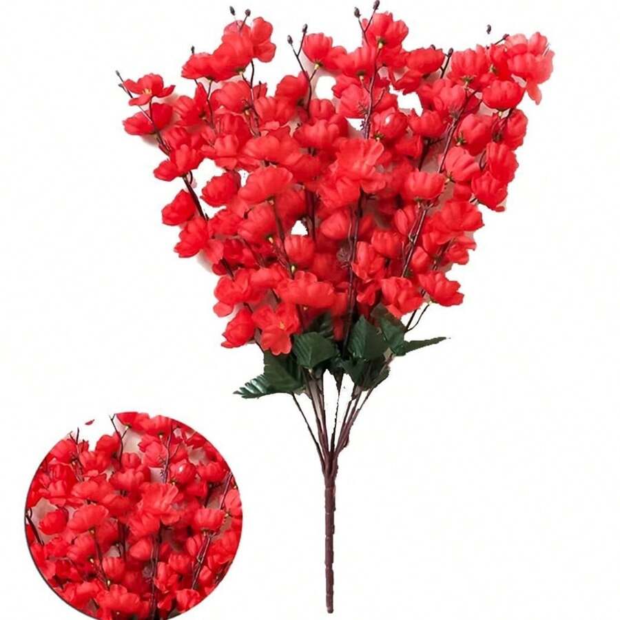 1 Bouquet Of Artificial Peach Cherry Blossoms Decoration 7 Large Branches - 紅色 - 查看 1