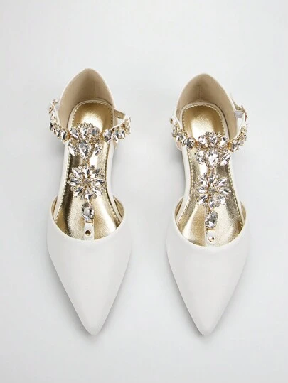 2025 Autumn Women's Luxury Rhinestone Decor White PU Closed Toe Flat Sandals, Daily & Party Wear Valentines