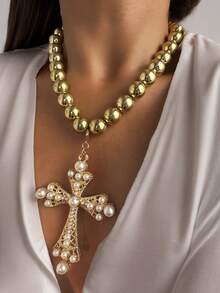 1pc Women's Fashion Beaded Oversized Cross Pendant Necklace, Minimalist Style Suitable For Daily Commute And Various Occasions - Multicolor - View 4