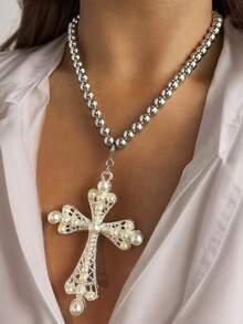 1pc Women's Fashion Beaded Oversized Cross Pendant Necklace, Minimalist Style Suitable For Daily Commute And Various Occasions - Multicolor - View 7