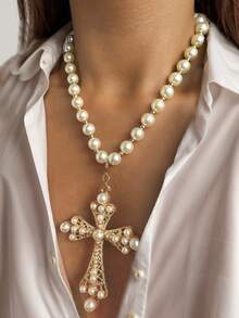 1pc Women's Fashion Beaded Oversized Cross Pendant Necklace, Minimalist Style Suitable For Daily Commute And Various Occasions - Multicolor - View 11