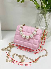 1pc Mini Girl Crease Check PU Flap Simple Versatile Pearl Handle Shoulder Crossbody Bag, Suitable For Daily Use - Pink - View 3