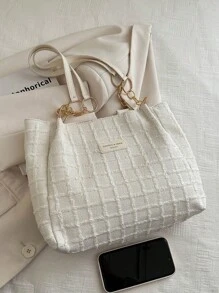 Fashion Striped Handbag - Women's Large Capacity Shoulder Bag - Daily Use Zipper Tote Bag With Metal Chain - White - View 4