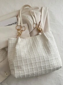 Fashion Striped Handbag - Women's Large Capacity Shoulder Bag - Daily Use Zipper Tote Bag With Metal Chain - White - View 6