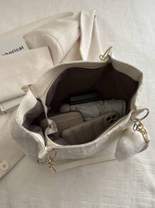 Fashion Striped Handbag - Women's Large Capacity Shoulder Bag - Daily Use Zipper Tote Bag With Metal Chain - White - View 3