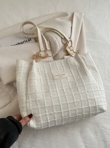 Fashion Striped Handbag - Women's Large Capacity Shoulder Bag - Daily Use Zipper Tote Bag With Metal Chain - White - View 5