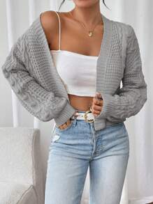 Women's Autumn Casual Business Chunky Knit Cardigan Sweater, Long Sleeve Loose Short Jacket - Grey - View 1