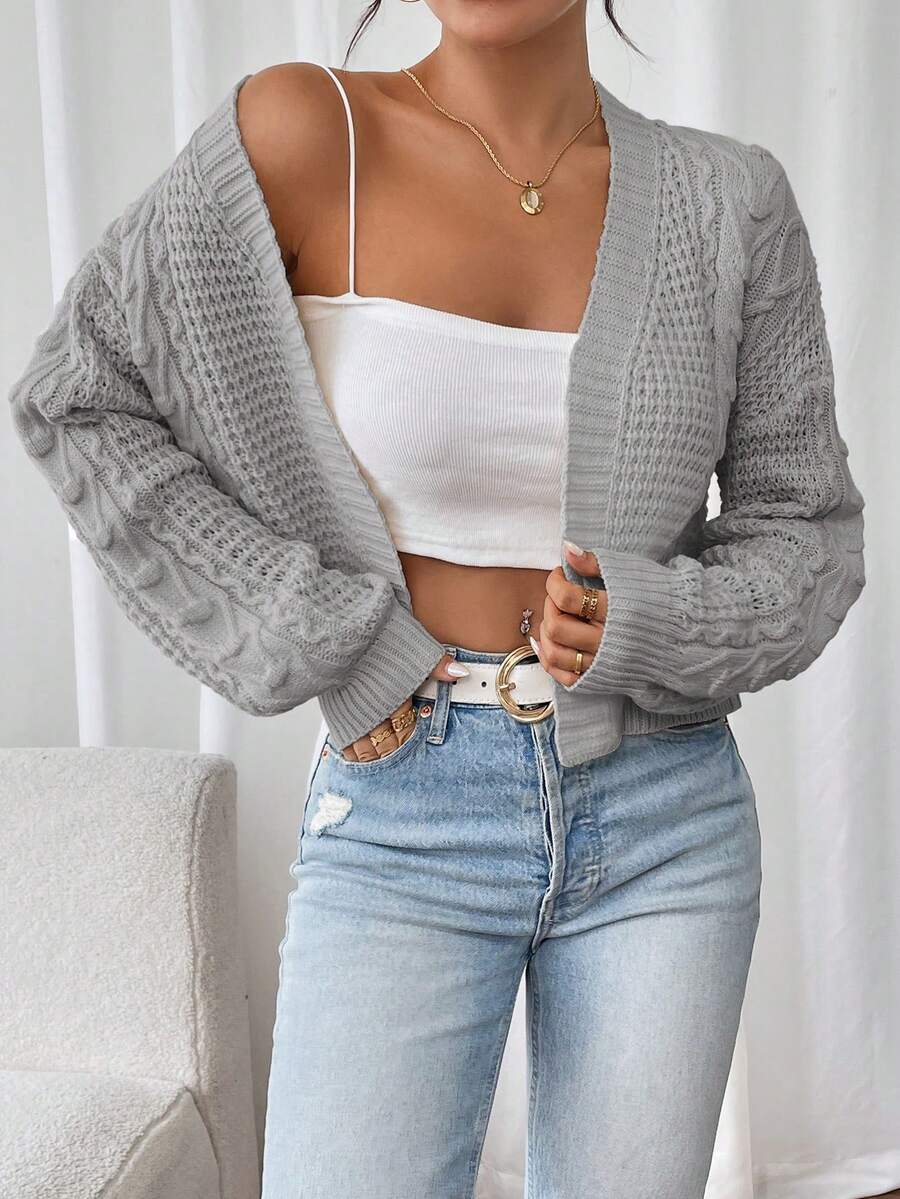 Women's Autumn Casual Business Chunky Knit Cardigan Sweater, Long Sleeve Loose Short Jacket - Grey - View 1
