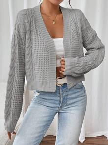 Women's Autumn Casual Business Chunky Knit Cardigan Sweater, Long Sleeve Loose Short Jacket - Grey - View 3