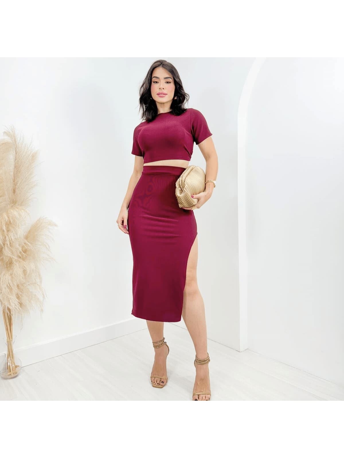 Women's Ribbed Midi Knit Set With Slit - 酒紅色 - 查看 1