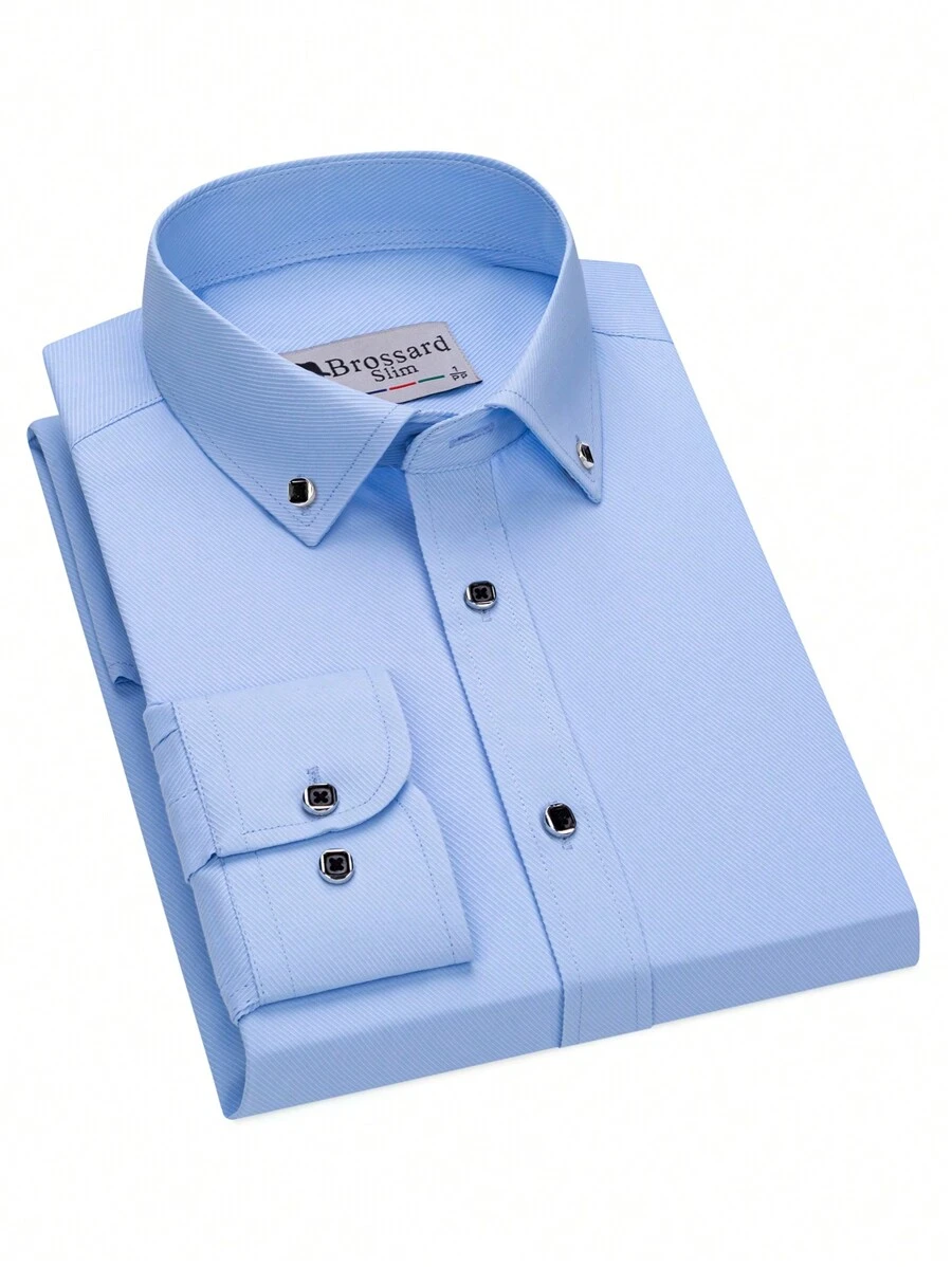 New Collection Men's Shirt With Square Button 55% Cotton 45% Polyester - 淺藍色 - 查看 1