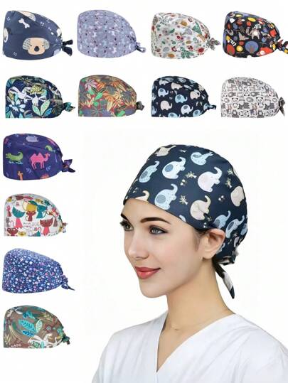 1pc Women Cartoon Pattern Digital Printed Surgical Cap, Suitable For Hospital Nurses, Beauty Salons, Cleaning Workers And Other Medical Institutions, Anti-Bacterial And Anti-Dust Halloween