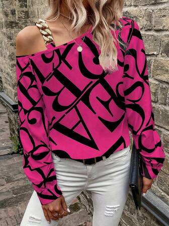 Women's Asymmetrical Neckline Casual Letter Print Long Sleeve Blouse, Spring Summer