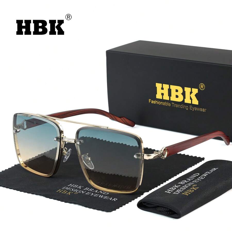 HBK男士商务眼镜双桥金属框边缘大木镜腿复古风格装饰时尚眼镜男女户外度假街拍钓鱼节礼品眼镜 - 藍黃 - 查看 1