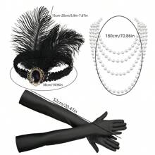 1920s Women Flapper Headband Pearl Necklace Gloves 3pcs/Set, Vintage Elegant Sexy High-End Costume For Party, Halloween