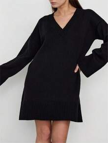 大码 V 领长袖针织毛衣连衣裙，休闲秋冬