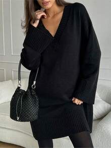 大码 V 领长袖针织毛衣连衣裙，休闲秋冬
