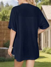 Womens Lightweight Cardigan Short Sleeve Open Front Casual Loose Cover Ups - Navy Blue - View 2