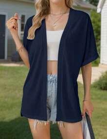 Womens Lightweight Cardigan Short Sleeve Open Front Casual Loose Cover Ups - Navy Blue - View 4