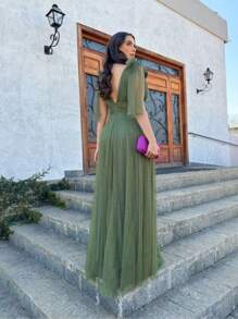 Long Tulle Dress With Shiny Bow On The Shoulder - 橄欖綠 - 查看 2