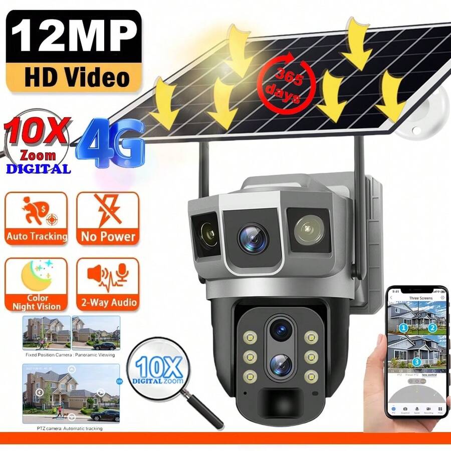 10X Digital Zoom 4G IP Camera 12MP 6K Solar CCTV Surveillance Outdoor IP66 Waterproof Monitor Pir Motion Detect Night Vision V380PRO Camera