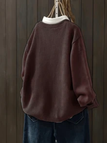 Plus Size Solid Color Front Button Pocket Casual Crew Neck Long Sleeve Cardigan - Coffee Brown - View 4