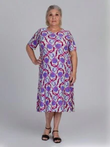 Kit 4 Ladies Cold Mesh Dress Loose Longuete Short Sleeve Curve Evangelical Fashion Midi Liganete Plus - 套裝 4 種各種印花 - 查看 10