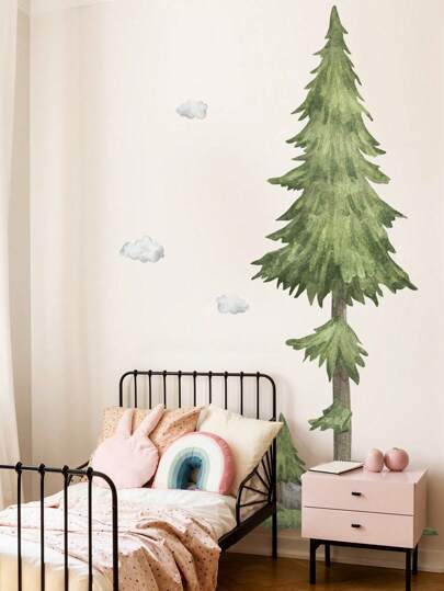 1 Set Of 4 Watercolor Style Large 215cm Tall Pine Tree & Cloud Home Wall Decor Stickers, Stickers, Wall Decal, Vinyl Decal For Home Decorations, Spring Decoration Items Refresh Your Home, Festival Decoration Stickers Gifts Birthday Graduation