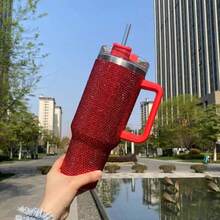 1pc 40oz/1200ml Stainless Steel Rhinestone Tumbler With Handle And Straw Lid - Reusable, Sparkly Gift For Women - Modern Rhinestone Decor Cup With Flat Bottom - Hand Wash Only - Multicolor - View 16