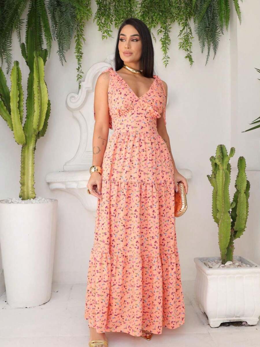 Women's Long Dress With Printed Straps - 珊瑚粉 - 查看 1